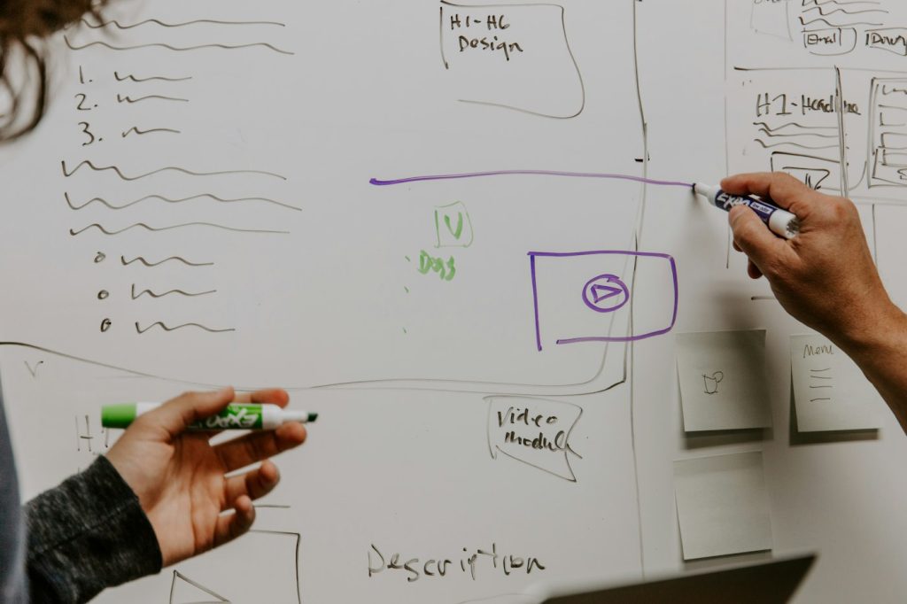 Two colleagues sketching an automated business workflow on a whiteboard