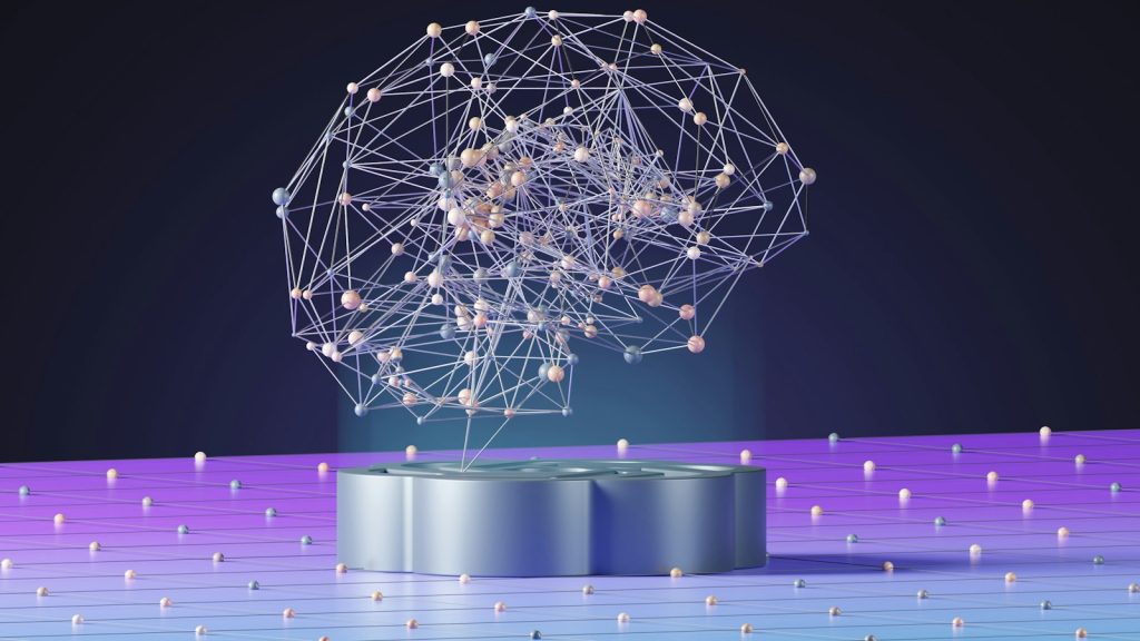 Abstract sphere of connected dots and lines on a dark background, evoking how AI models link information