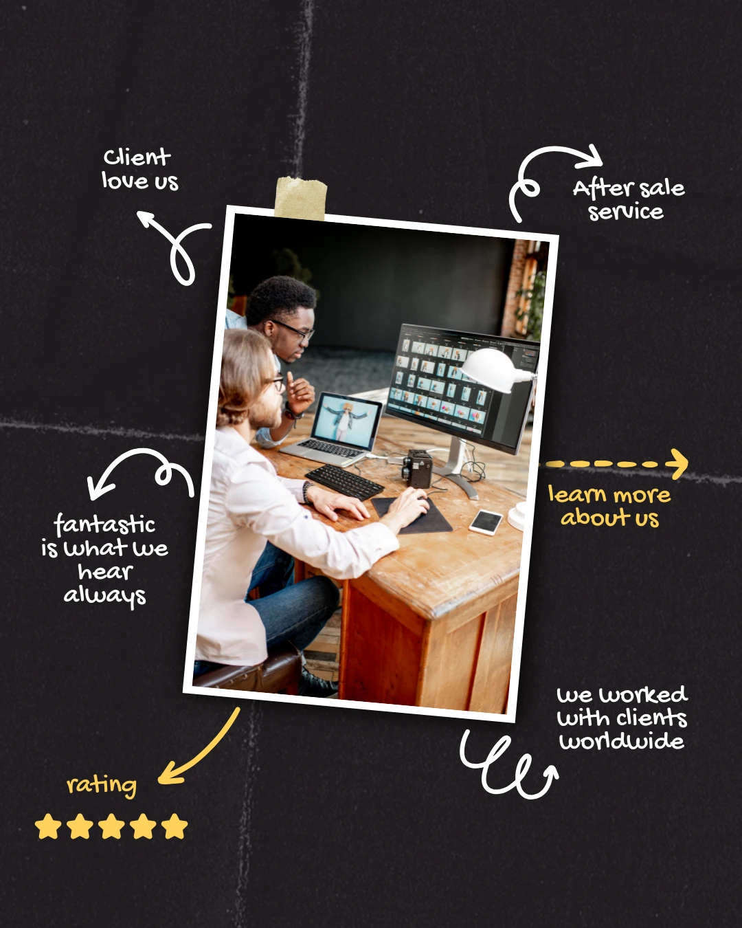 Two people working together at a desk with a laptop and monitor, framed by hand-drawn notes about client service