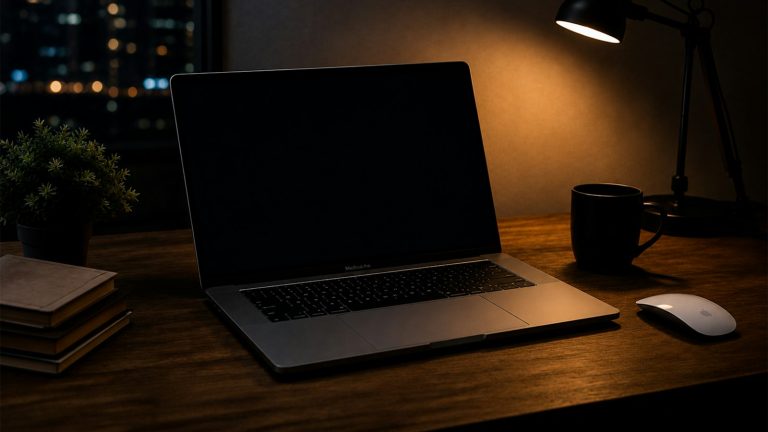 Laptop on a desk at night beside a lamp, with city lights glowing through the window behind